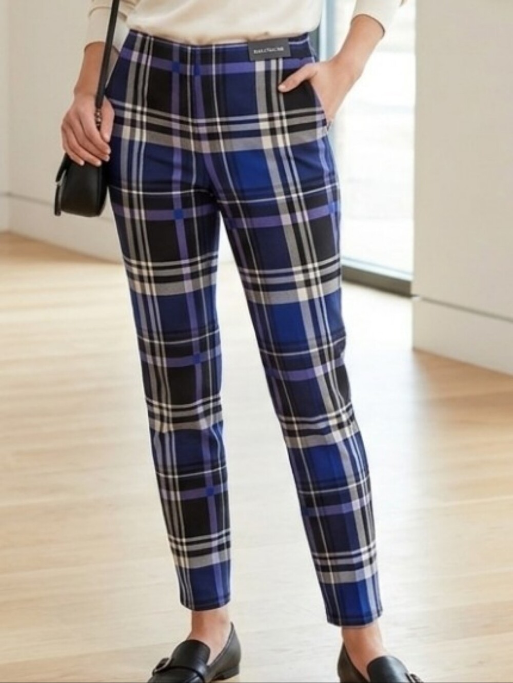 Slim Factor By Investments.. Black and Blue Plaid Cropped Slim Pants
